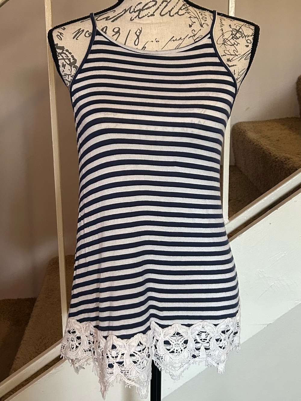 Altar'd State Striped Lace Hem Cami Tank Top - Blue & White - Size Small